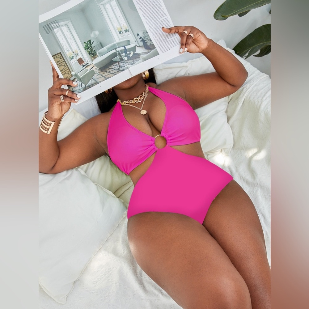 Plus Cut-out Ring Linked Backless Halter One Piece Swimsuit #Pink